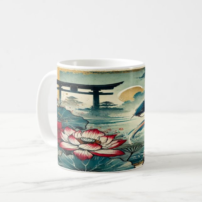 Koi Serenity: Lotus and Torii under Moonlight Kaffemugg (Framsida vänster)