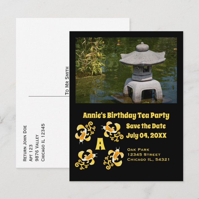 Koi Tecknad Birthday Tea Party Photo Inbjudan Vykort (Fram/baksida)