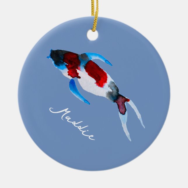 Koi vattenfärgsfiskkonst julgransprydnad keramik (Framsidan)