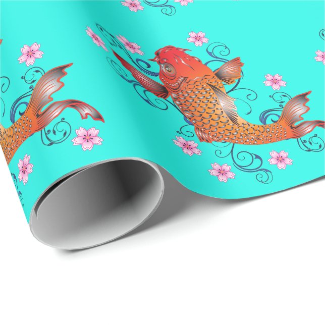 Koifisk, elegant för orange av orientalisk blommig presentpapper (Rullad Hörn)