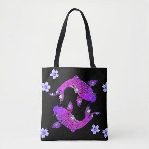 Koifisk oriental black lila yin yang blommigt tygkasse
