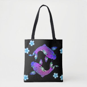 Koifisk orientalisk yin yang Black lila blommigt Tygkasse