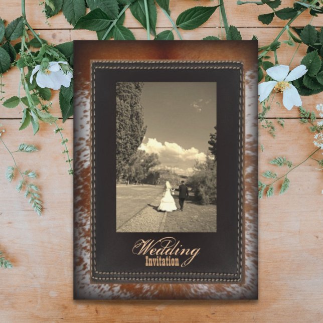 kojhud Cowboy Country western bröllopsinbjudan Inbjudningar (cowhide Cowboy Country western Wedding Invitation)