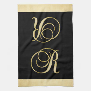 Kök för färg för svart för guld för Monogram Kökshandduk