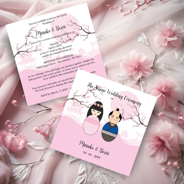 Kokeshi Couple Japanese Inspired Themed Inbjudningar (Kokeshi Couple Japanese Inspired Themed Traditional Landscape Garden in Pink Wedding Invitation Card)