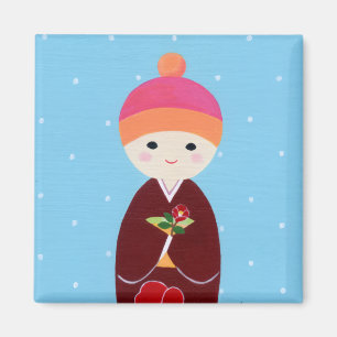 Kokeshi docka med camelliaen magnet