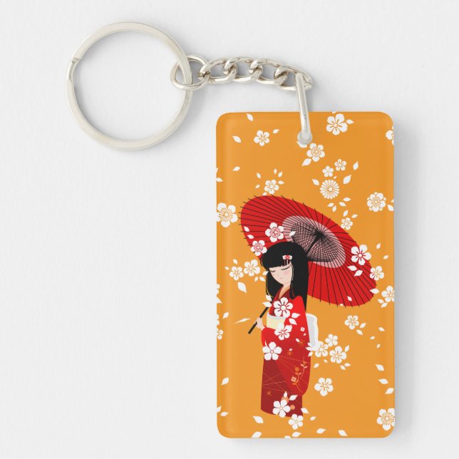 Kokeshi-docka röd paraply nyckelring (Framsidan)