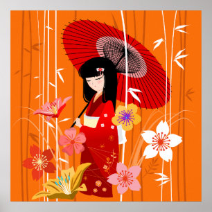 Kokeshi-docka Zen-trädgård Poster
