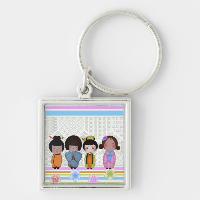 kokeshi-dockor fyrkantig silverfärgad nyckelring (Framsidan)