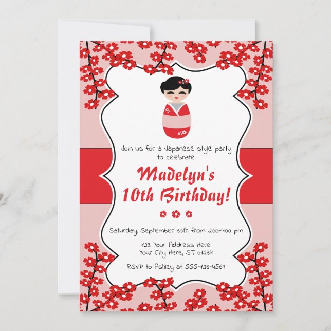 Kokeshi Doll Birthday-inbjudan | Japanska Stil Inbjudningar (Framsida)
