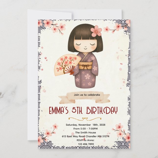 Kokeshi Doll birthday party invitation Inbjudningar (Framsida)