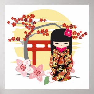 Kokeshi Doll Blommigt Kimono Poster