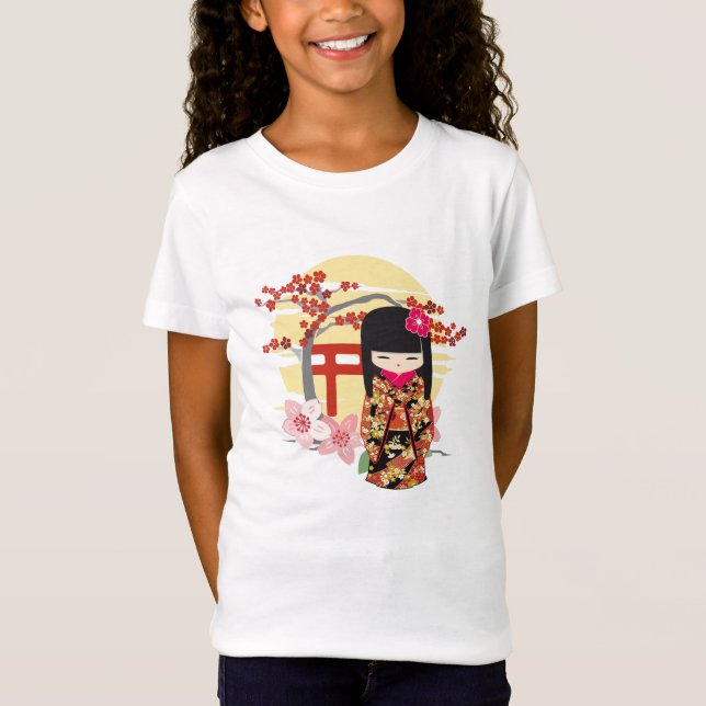 Kokeshi Doll Blommigt Kimono T Shirt (Framsida)
