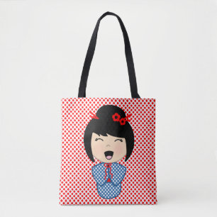 Kokeshi Doll Blue Tote Bag Tygkasse