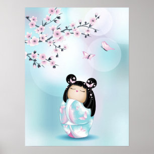 Kokeshi Doll Cherry Blommar Turcos Girls Poster