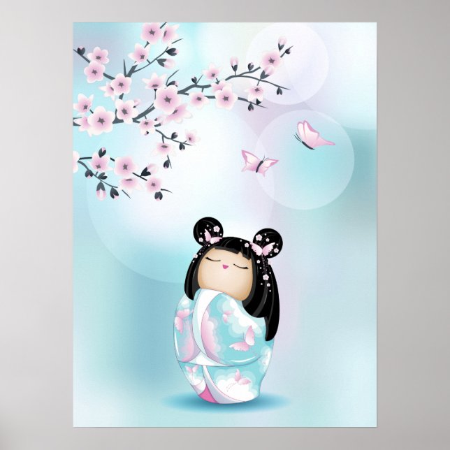 Kokeshi Doll Cherry Blommar Turcos Girls Poster (Framsidan)