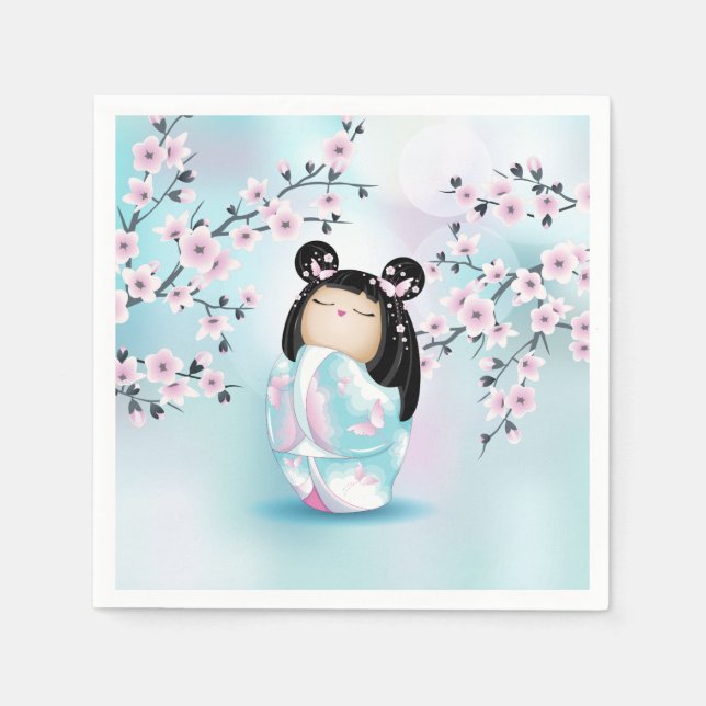 Kokeshi Doll Cherry Blommar Turcos Rosa Pappersservett (Framsidan)