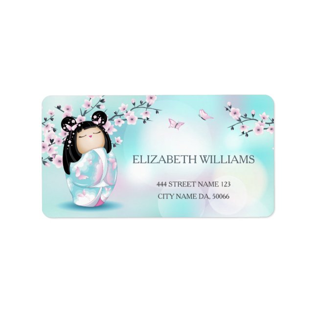Kokeshi Doll Cherry Blommars Adressetikett (Framsidan)