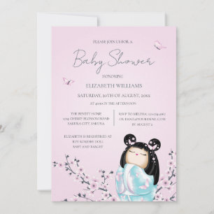 Kokeshi Doll Cherry Blommars Baby Shower Inbjudningar