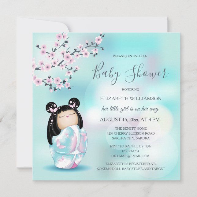Kokeshi Doll Cherry Blommars Baby Shower Inbjudningar (Framsida)