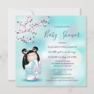 Kokeshi Doll Cherry Blommars Baby Shower Inbjudningar