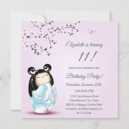 Kokeshi Doll Cherry Blommars Girl Birthday Inbjudningar