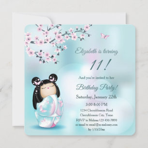 Kokeshi Doll Cherry Blommars Girl Birthday Inbjudningar