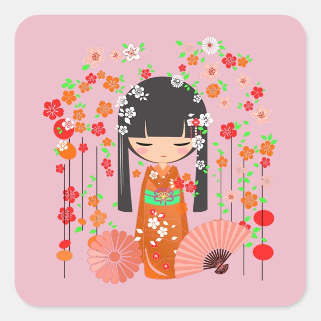 Kokeshi Doll Garden Fyrkantigt Klistermärke (Framsida)