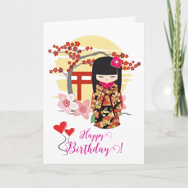 Kokeshi Doll Grattis på födelsedagen Kort (Framsida)