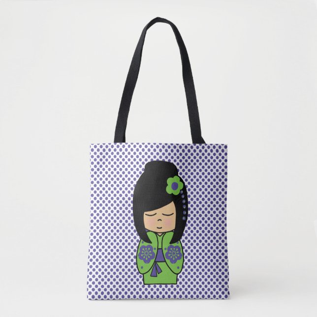 Kokeshi Doll Grönt Lila All-over-Print Tote Bag Tygkasse (Framsida)