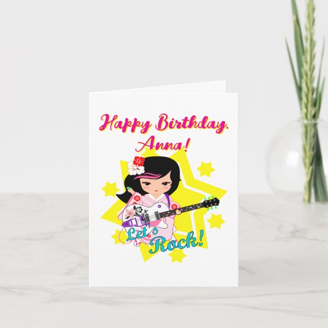 Kokeshi Doll Guitar Grattis på födelsedagen Kort (Framsida)