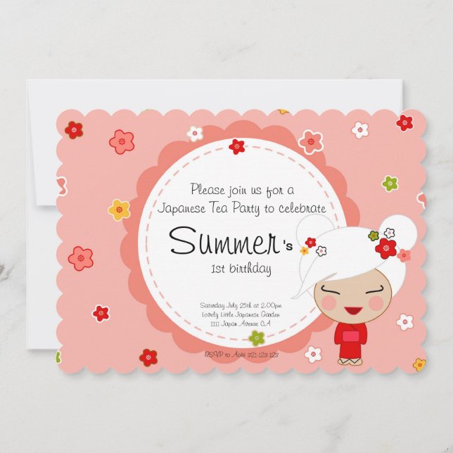 Kokeshi Doll Japanska tea-partiets inbjudan (Baksida)