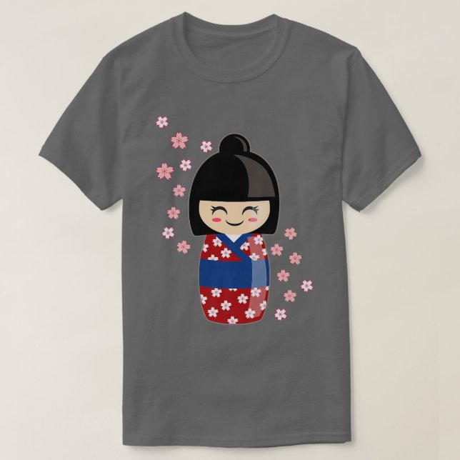 Kokeshi doll Kawaii på japanska Kimono och Sakura T Shirt (Design framsida)