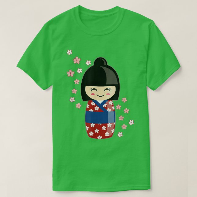 Kokeshi doll Kawaii på japanska Kimono och Sakura T Shirt (Design framsida)