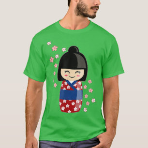 Kokeshi doll Kawaii på japanska Kimono och Sakura T Shirt