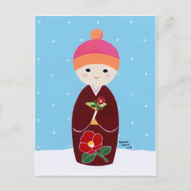Kokeshi Doll med Camellia Vykort (Framsida)