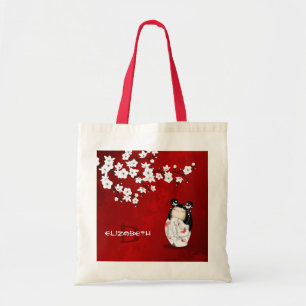 Kokeshi Doll Red Black and White Cherry Blommar T Tygkasse