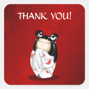 Kokeshi Doll Red Black and White Tack Fyrkantigt Klistermärke