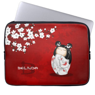 Kokeshi Doll Red Black White Cherry Blommar Laptop Fodral