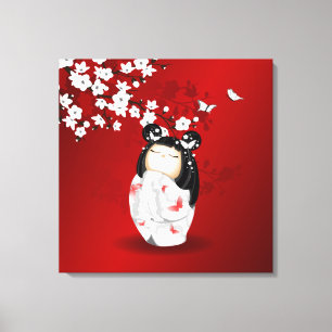 Kokeshi Doll Red Black White Cherry Blommars Canvastryck