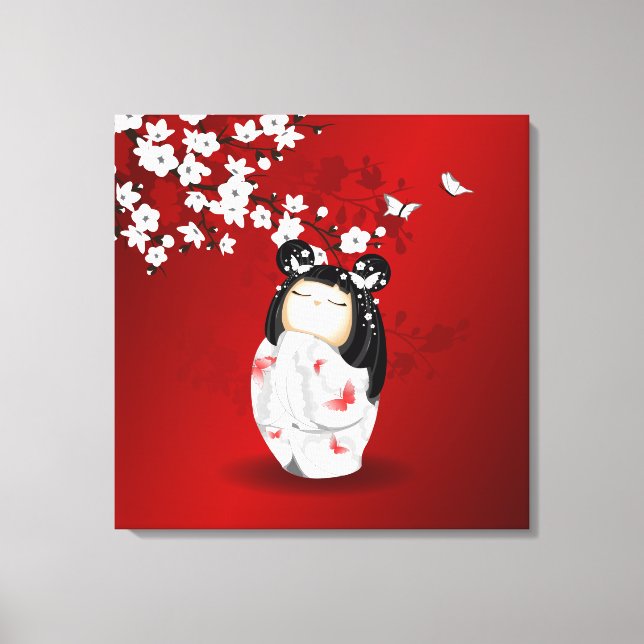 Kokeshi Doll Red Black White Cherry Blommars Canvastryck (Framsida)