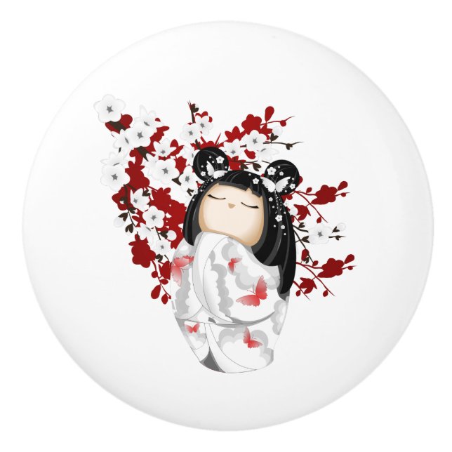 Kokeshi Doll Red Black White Cherry Blommars Cera Knopp (Framsidan)