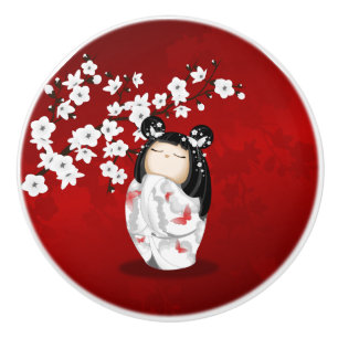Kokeshi Doll Red Black White Cherry Blommars Cera Knopp