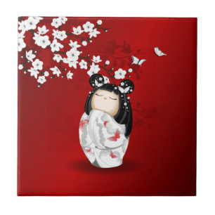 Kokeshi Doll Red Black White Cherry Blommars Kakelplatta