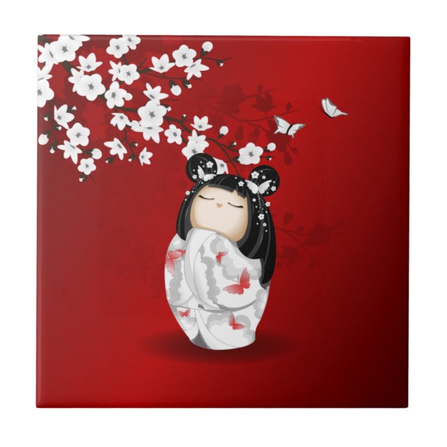 Kokeshi Doll Red Black White Cherry Blommars Kakelplatta (Framsidan)