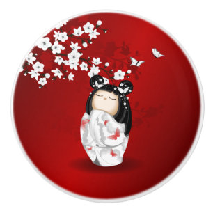 Kokeshi Doll Red Black White Cherry Blommars Knopp