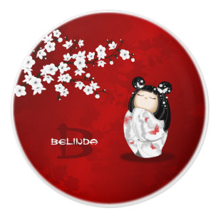 Kokeshi Doll Red Black White Cherry Blommars Knopp