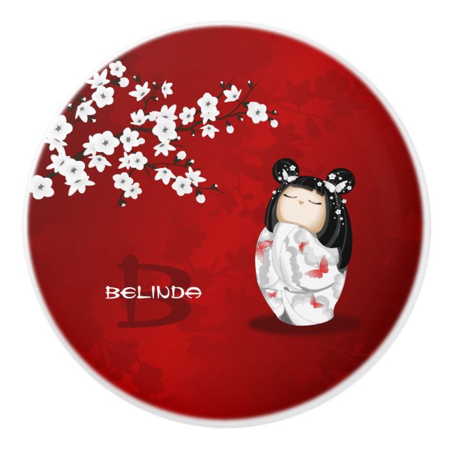 Kokeshi Doll Red Black White Cherry Blommars Knopp (Framsidan)