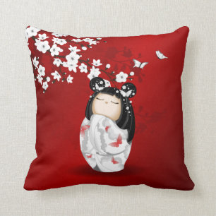 Kokeshi Doll Red Black White Cherry Blommars Kudde