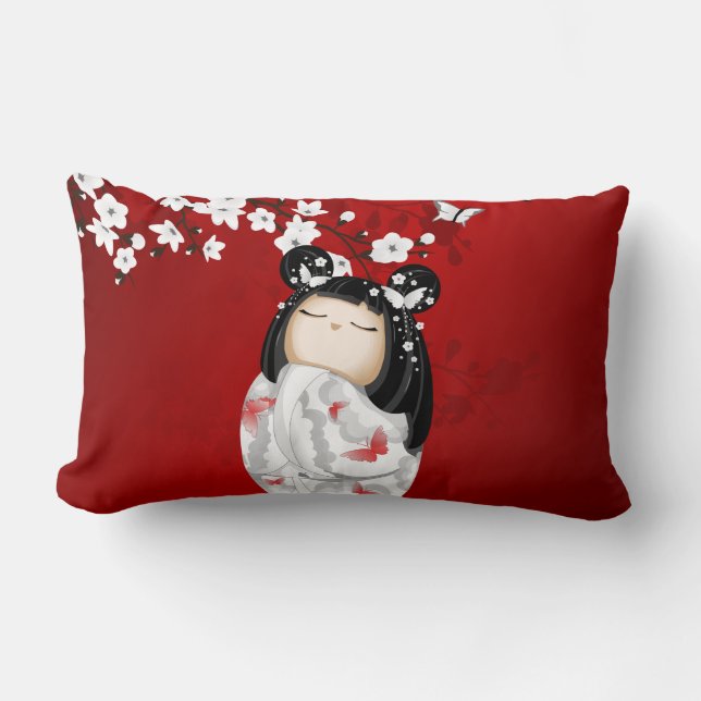 Kokeshi Doll Red Black White Cherry Blommars Lumbarkudde (Framsida)
